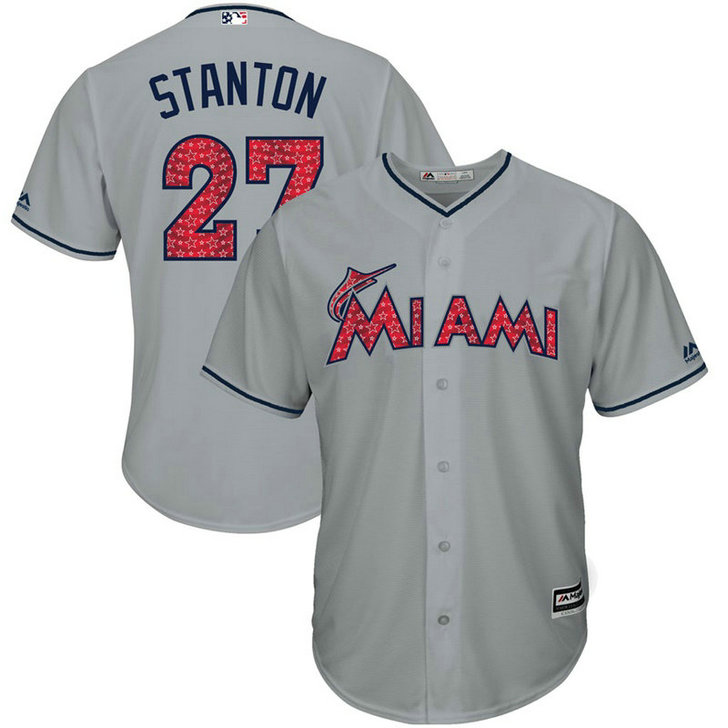 Miami Marlins Independence Day #27 Giancarlo Stanton 2017 Stars & Stripes Grey Cool Base Jersey Miami Marlins Independence Day #27 Giancarlo Stanton 2017 Stars & Stripes Grey Cool Base Jersey