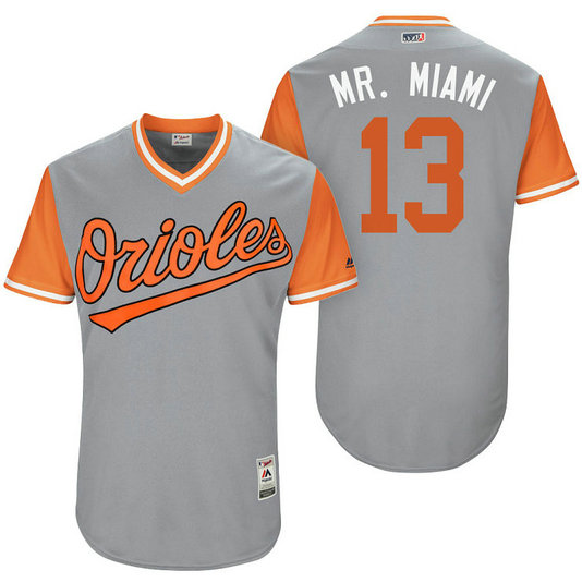 Baltimore Orioles Manny Machado #13 Mr. Miami Grey Nickname 2017 Little League Players Weekend Jersey Baltimore Orioles Manny Machado #13 Mr. Miami Grey Nickname 2017 Little League Players Weekend Jersey