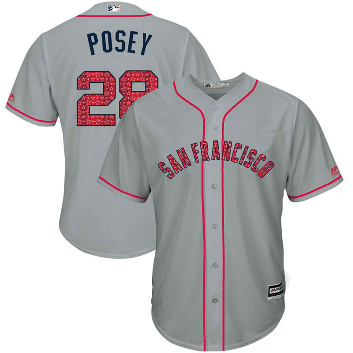 San Francisco Giants Independence Day #28 Buster Posey 2017 Stars & Stripes Grey Cool Base Jersey