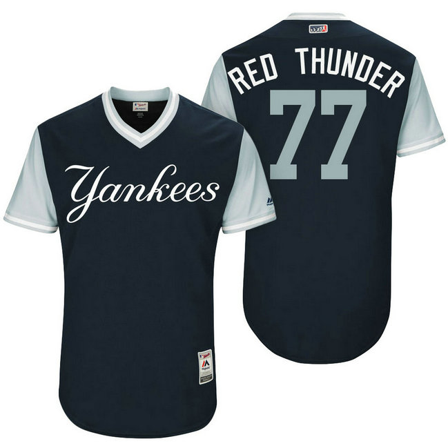 New York Yankees Clint Frazier #77 Red Thunder Navy Nickname 2017 Little League Players Weekend Jersey