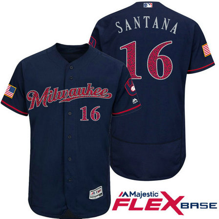 Milwaukee Brewers #16 Domingo Santana Navy Stars & Stripes 2016 Independence Day Flex Base Jersey Milwaukee Brewers #16 Domingo Santana Navy Stars & Stripes 2016 Independence Day Flex Base Jersey
