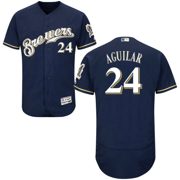 Milwaukee Brewers Jesus Aguilar #24 Navy Alternate Home Flex Base Jersey