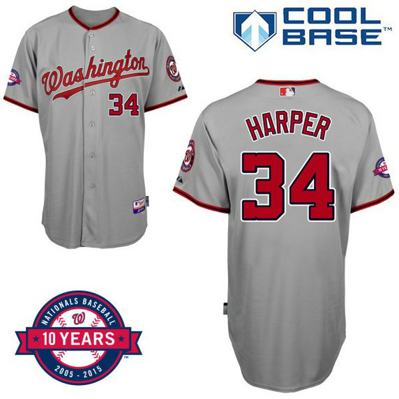 Washington Nationals #34 Bryce Harper Grey Road 10th Anniversary Authentic Cool Base Jersey