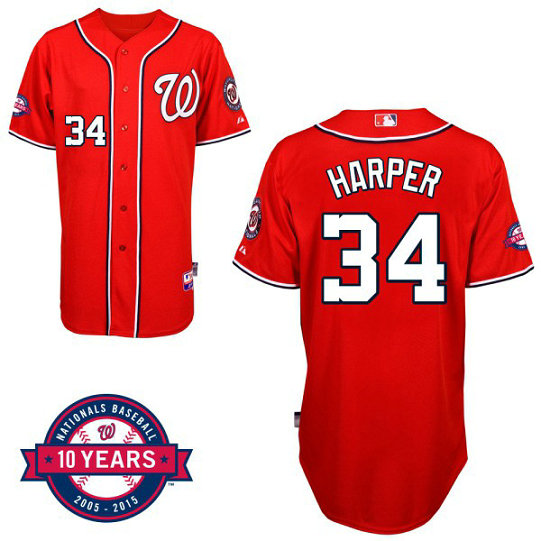 Washington Nationals #34 Bryce Harper Red Alternate 10th Anniversary Authentic Cool Base Jersey Washington Nationals #34 Bryce Harper Red Alternate 10th Anniversary Authentic Cool Base Jersey