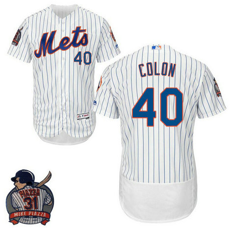 New York Mets #40 Bartolo Colon White Flex Base Jersey with Piazza Patch New York Mets #40 Bartolo Colon White Flex Base Jersey with Piazza Patch