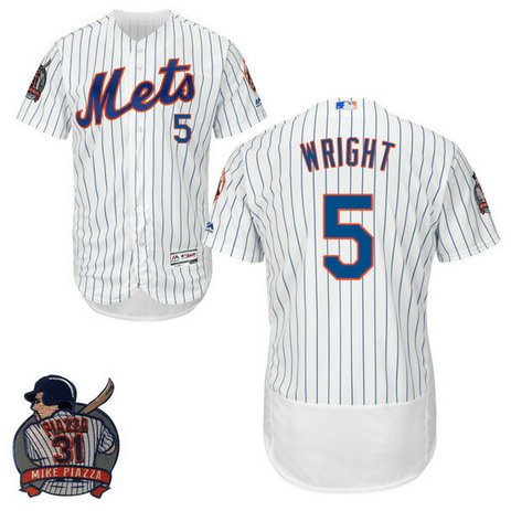 New York Mets #5 David Wright White Flex Base Jersey with Piazza Patch