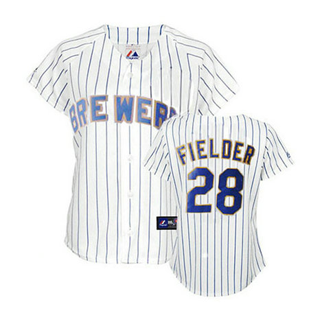 Women - Milwaukee Brewers #28 Prince Fielder White(Blue Strip)Fashion Jersey