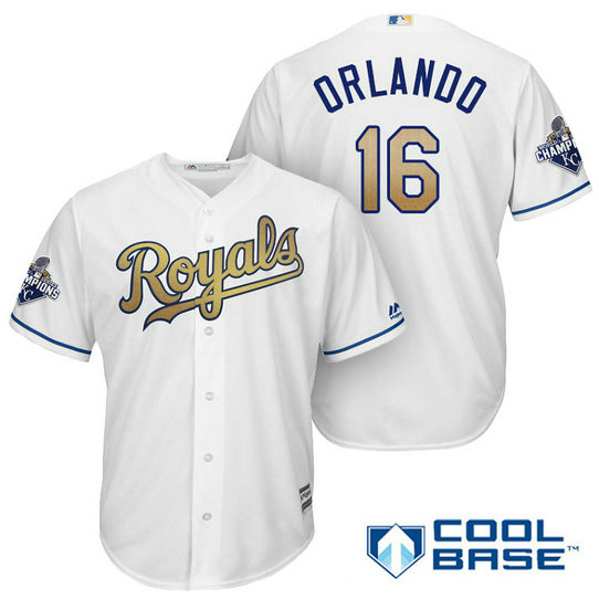 Paulo Orlando #16 Kansas City Royals White Champions Gold Program Cool Base Jersey Paulo Orlando #16 Kansas City Royals White Champions Gold Program Cool Base Jersey