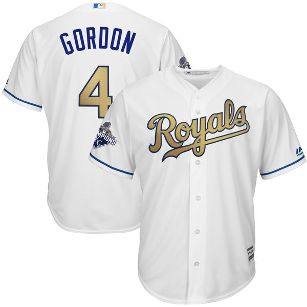 Alex Gordon #4 Kansas City Royals White World Series Champions Gold Program Cool Base Jersey