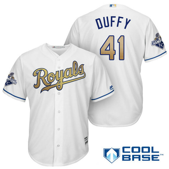 Danny Duffy #41 Kansas City Royals White Champions Gold Program Cool Base Jersey Danny Duffy #41 Kansas City Royals White Champions Gold Program Cool Base Jersey