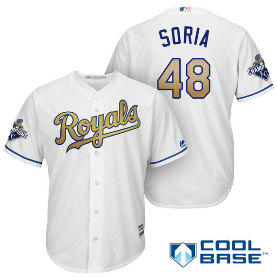 Joakim Soria #48 Kansas City Royals White Champions Gold Program Cool Base Jersey Joakim Soria #48 Kansas City Royals White Champions Gold Program Cool Base Jersey
