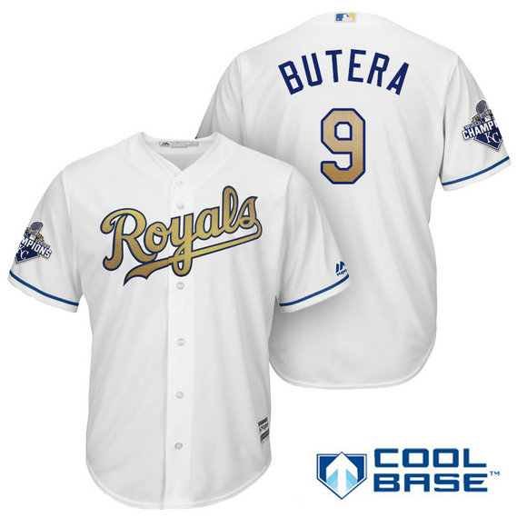 Drew Butera #9 Kansas City Royals White Champions Gold Program Cool Base Jersey Drew Butera #9 Kansas City Royals White Champions Gold Program Cool Base Jersey