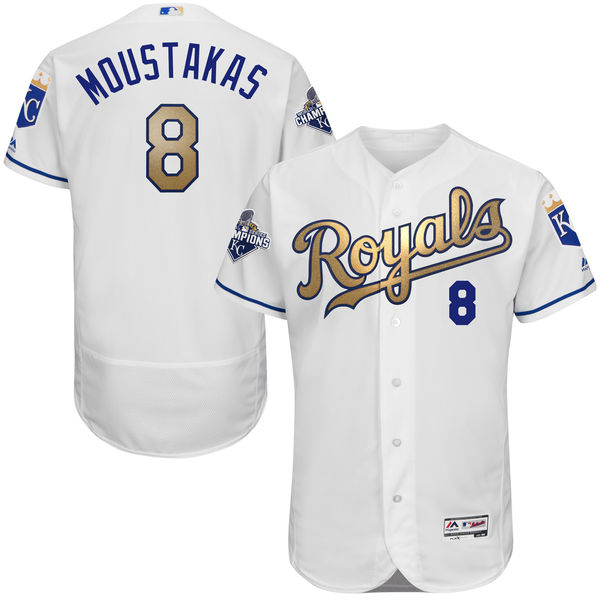 Mike Moustakas #8 Kansas City Royals White World Series Champions Gold Program Flexbase Authentic Collection Player Jersey