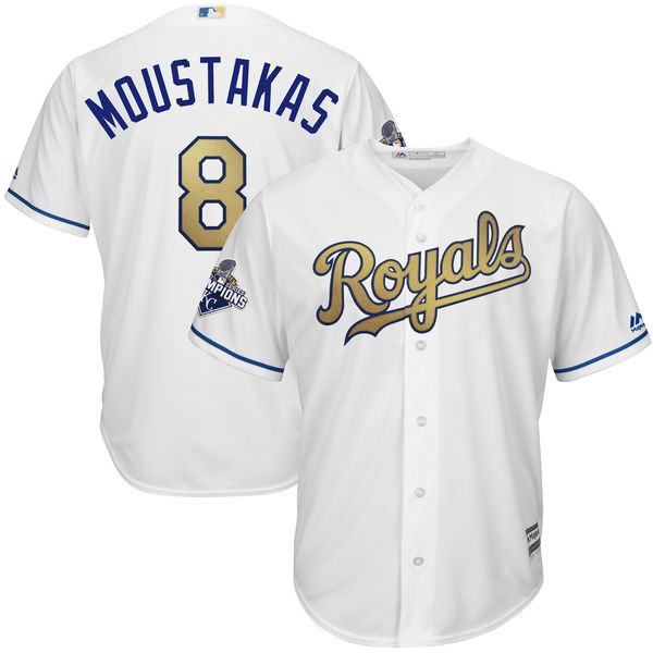Mike Moustakas #8 Kansas City Royals White World Series Champions Gold Program Cool Base Jersey