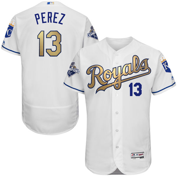 Salvador Perez #13 Kansas City Royals White World Series Champions Gold Program Flexbase Authentic Collection Player Jersey Salvador Perez #13 Kansas City Royals White World Series Champions Gold Program Flexbase Authentic Collection Player Jersey