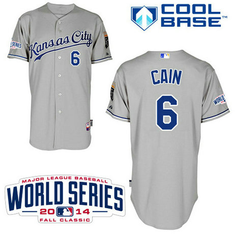 Kansas City Royals #6 Lorenzo Cain Authentic Grey Road W/2014 World Series Cool Base Jersey