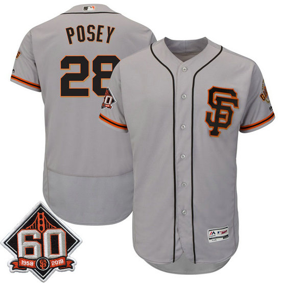San Francisco Giants Buster Posey #28 Grey 60th Season Patch Road Alternate On-Field Flex Base Player Jersey San Francisco Giants Buster Posey #28 Grey 60th Season Patch Road Alternate On-Field Flex Base Player Jersey