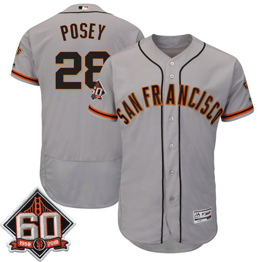 San Francisco Giants Buster Posey #28 Grey 60th Season Patch Road On-Field Flex Base Player Jersey San Francisco Giants Buster Posey #28 Grey 60th Season Patch Road On-Field Flex Base Player Jersey