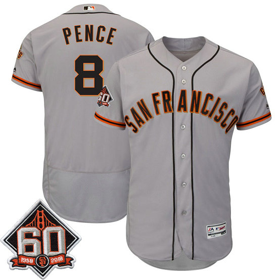 San Francisco Giants Hunter Pence #8 Grey 60th Season Patch Road On-Field Flex Base Player Jersey