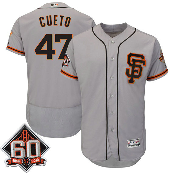 San Francisco Giants Johnny Cueto #47 Grey 60th Season Patch Road Alternate On-Field Flex Base Player Jersey San Francisco Giants Johnny Cueto #47 Grey 60th Season Patch Road Alternate On-Field Flex Base Player Jersey