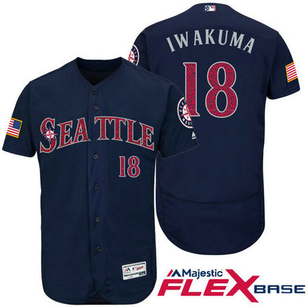 Seattle Mariners #18 Hisashi Iwakuma Navy Stars & Stripes 2016 Independence Day Flex Base Jersey