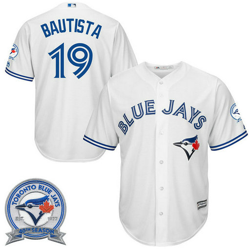 Toronto Blue Jays Jose Bautista #19 White Home 40th Anniversary Patch Cool Base Jersey Toronto Blue Jays Jose Bautista #19 White Home 40th Anniversary Patch Cool Base Jersey