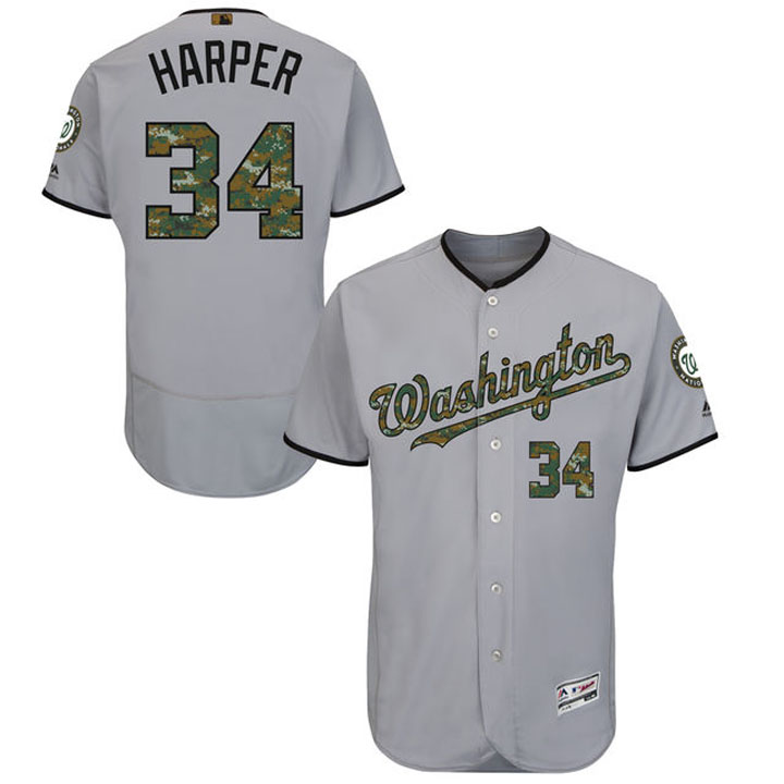 Washington Nationals Bryce Harper #34 Grey Camo Fashion 2016 Memorial Day Flex Base Jersey