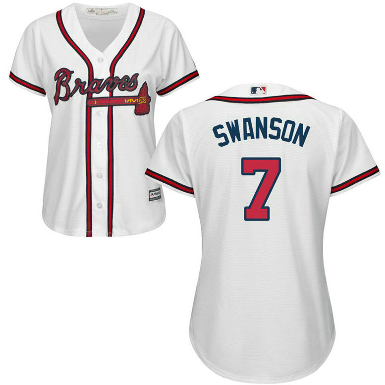 Women - Atlanta Braves #7 Dansby Swanson Home White Cool Base Jersey Women - Atlanta Braves #7 Dansby Swanson Home White Cool Base Jersey