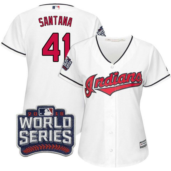 Women - Cleveland Indians Carlos Santana #41 White 2016 World Series Bound Cool Base Jersey