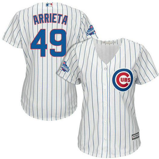 Women - Chicago Cubs Jake Arrieta #49 White 2016 World Series Champions Team Logo Patch Cool Base Jersey