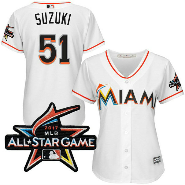 Women - Miami Marlins Ichiro Suzuki #51 2017 All-Star Game Patch White Cool Base Jersey
