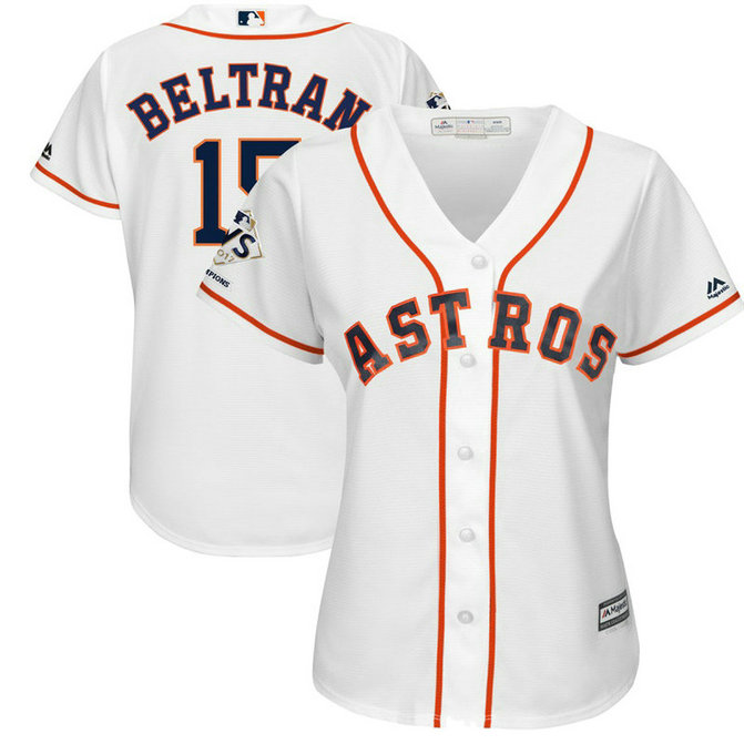 Women - Houston Astros Carlos Beltran #15 White 2017 World Series Champions Patch Cool Base Jersey