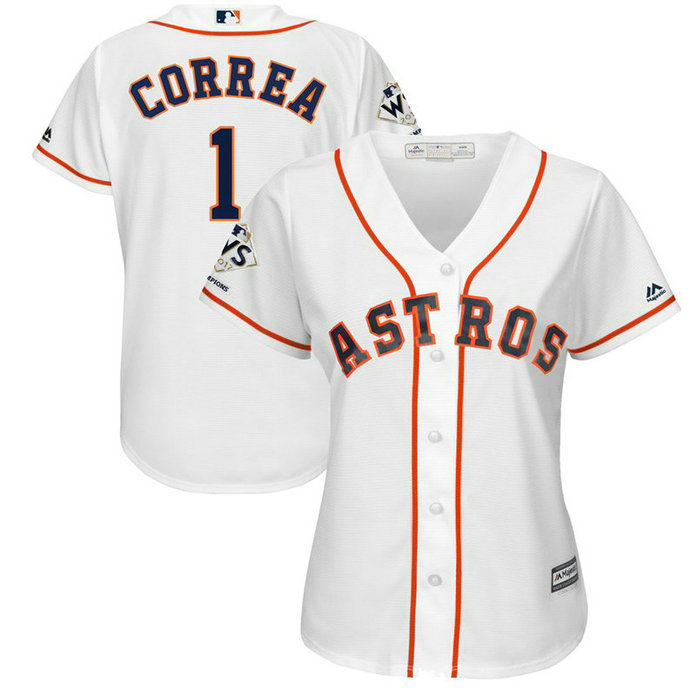 Women - Houston Astros Carlos Correa #1 White 2017 World Series Champions Patch Cool Base Jersey