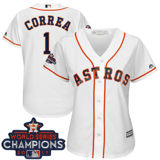 Women - Houston Astros Carlos Correa #1 White 2017 World Series Champions Team Logo Patch Cool Base Jersey
