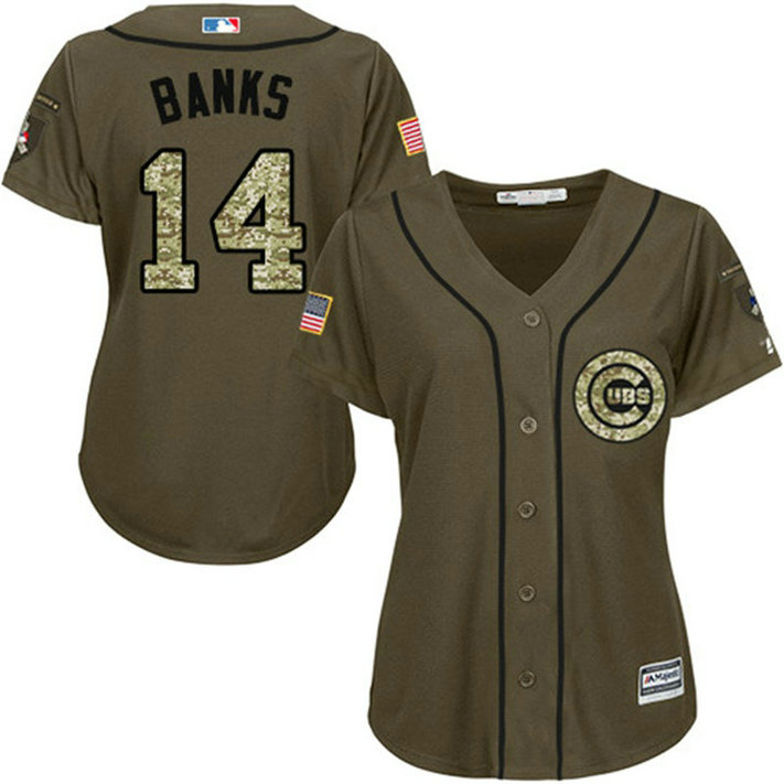 Women - Ernie Banks #14 Chicago Cubs Salute to Service Olive Cool Base Jersey Women - Ernie Banks #14 Chicago Cubs Salute to Service Olive Cool Base Jersey