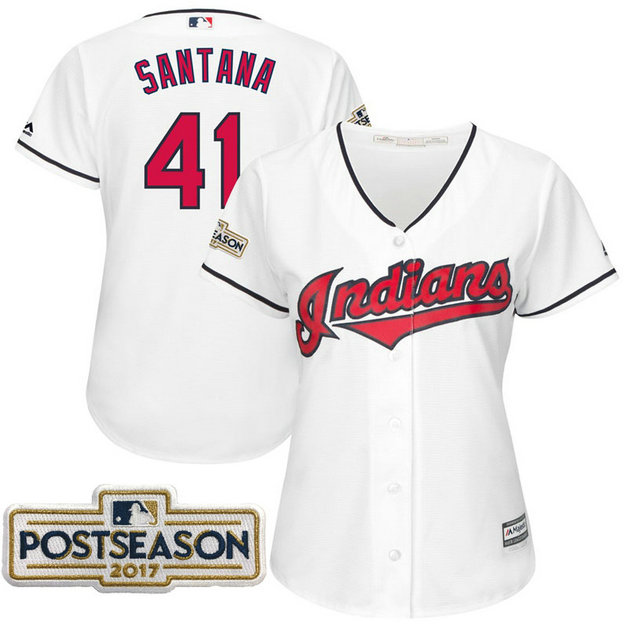 Women - Carlos Santana #41 Cleveland Indians 2017 Postseason White Cool Base Jersey