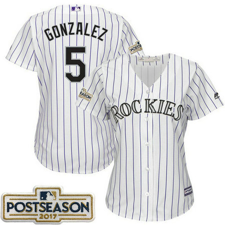 Women - Carlos Gonzalez #5 Colorado Rockies 2017 Postseason White Cool Base Jersey