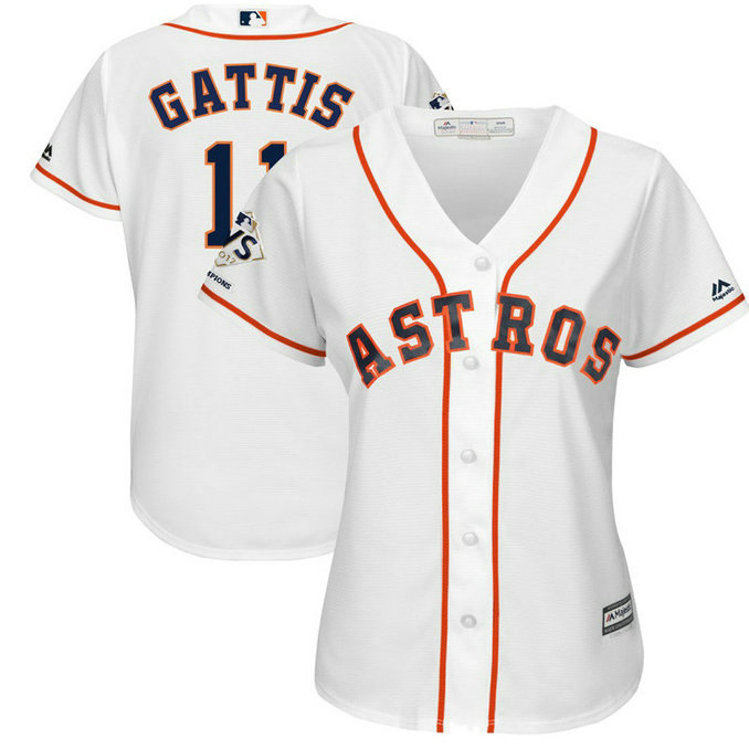 Women - Houston Astros Evan Gattis #11 White 2017 World Series Champions Patch Cool Base Jersey