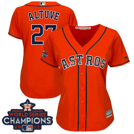 Women - Houston Astros Jose Altuve #27 Orange 2017 World Series Champions Team Logo Patch Cool Base Jersey