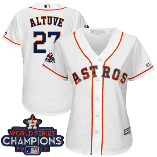 Women - Houston Astros Jose Altuve #27 White 2017 World Series Champions Team Logo Patch Cool Base Jersey
