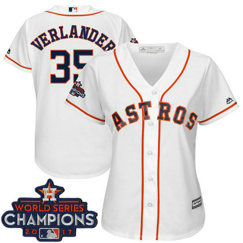 Women - Houston Astros Justin Verlander #35 White 2017 World Series Champions Team Logo Patch Cool Base Jersey