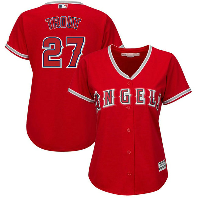 Women - Los Angeles Angels #27 Mike Trout Alternate Scarlet Cool Base Jersey Women - Los Angeles Angels #27 Mike Trout Alternate Scarlet Cool Base Jersey