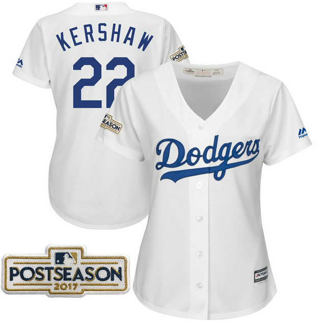 Women - Clayton Kershaw #22 Los Angeles Dodgers 2017 Postseason White Cool Base Jersey