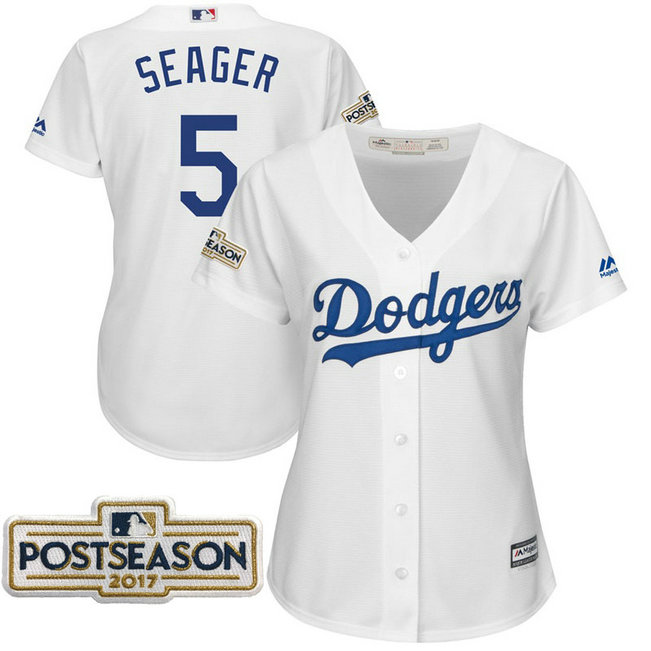 Women - Corey Seager #5 Los Angeles Dodgers 2017 Postseason White Cool Base Jersey