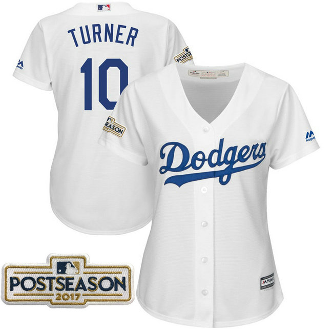 Women - Justin Turner #10 Los Angeles Dodgers 2017 Postseason White Cool Base Jersey