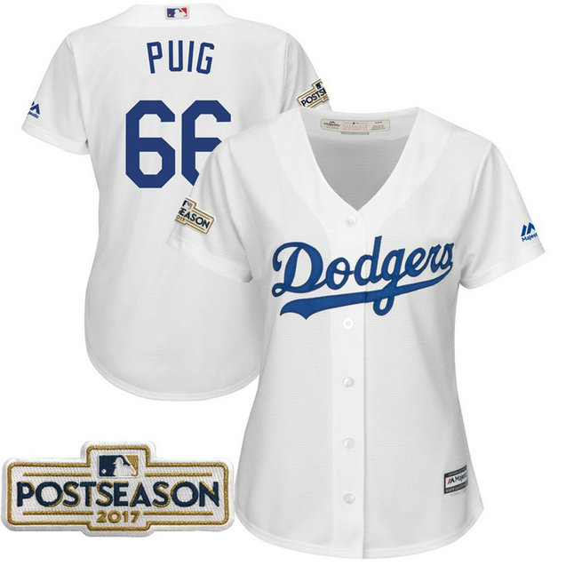 Women - Yasiel Puig #66 Los Angeles Dodgers 2017 Postseason White Cool Base Jersey