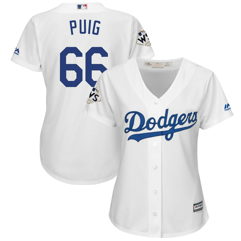 Women - Yasiel Puig #66 Los Angeles Dodgers 2017 World Series Bound White Cool Base Jersey