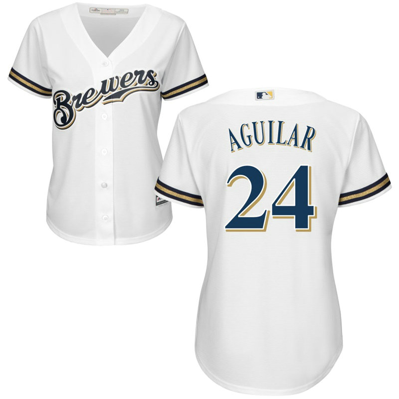 Women - Milwaukee Brewers #24 Jesus Aguilar Home White Cool Base Jersey