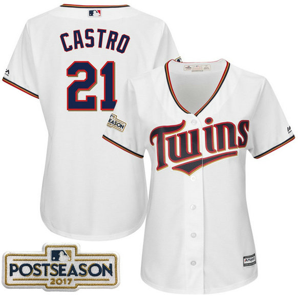Women - Jason Castro #21 Minnesota Twins 2017 Postseason White Cool Base Jersey