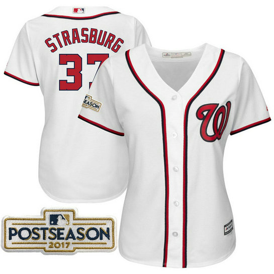 Women - Stephen Strasburg #37 Washington Nationals 2017 Postseason White Cool Base Jersey